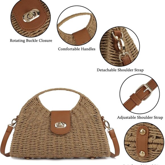 Women Straw Beach Bag Handmade Woven Crossbody Shoulder Bags Top Handle Satchel - Picture 3 of 7